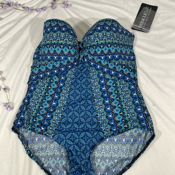 NWT Miraclesuit [ 16 US ]‎ Mosaica Seville Bandeau One-Piece Swimsuit Blue - Picture 4 of 12